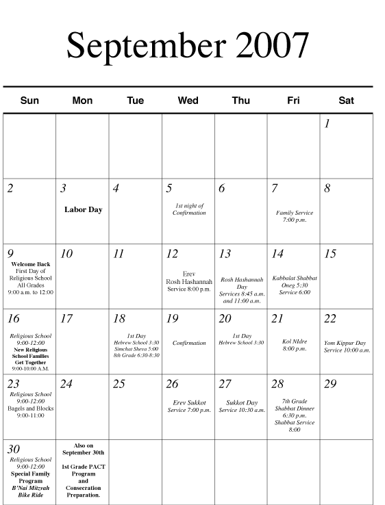 Religious School September Calendar